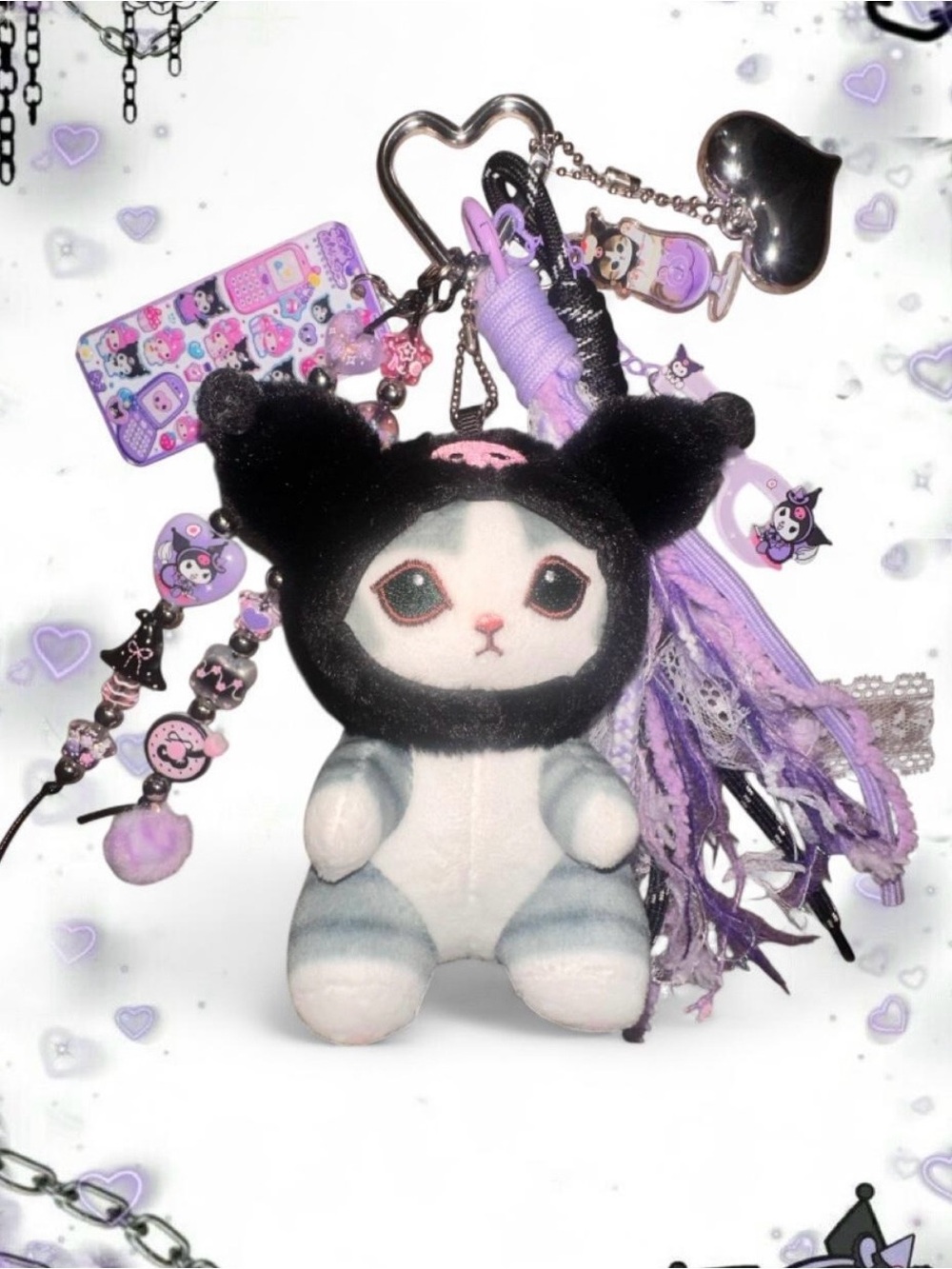 Handmade Mofusand Plush Keychain with Kuromi Hat in Black and Purple